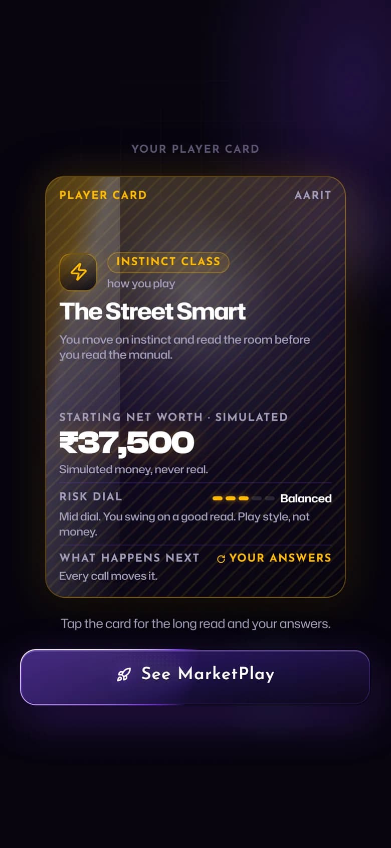 MarketPlay Street Smart player card and starting net worth