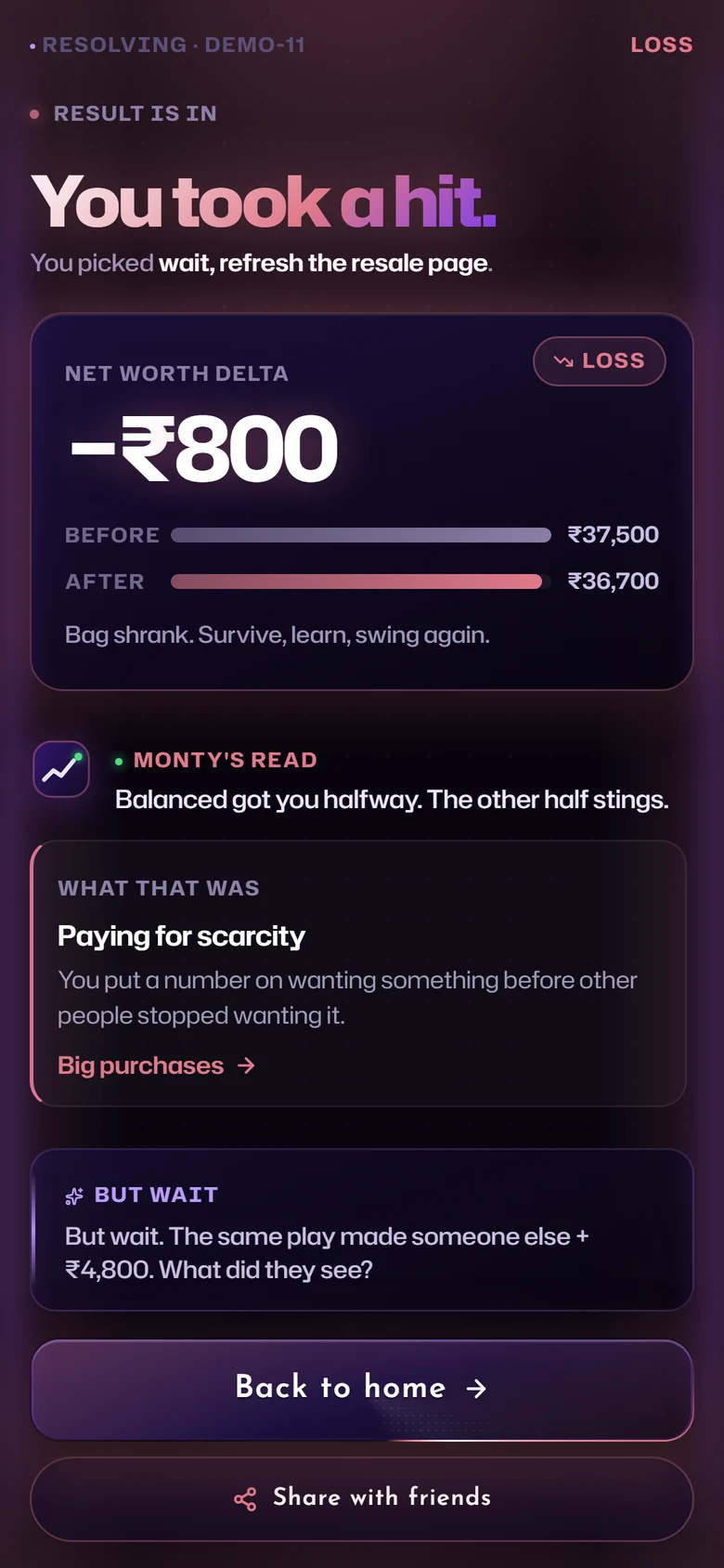 MarketPlay scenario result showing the impact of a money decision