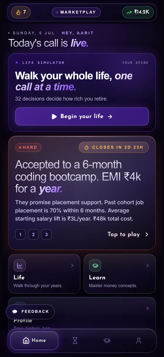 MarketPlay home dashboard