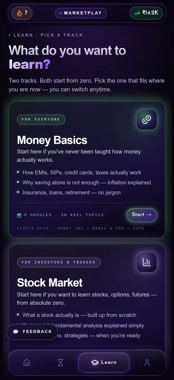 MarketPlay reel-based learning feed