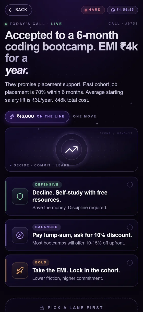 MarketPlay scenario decision screen